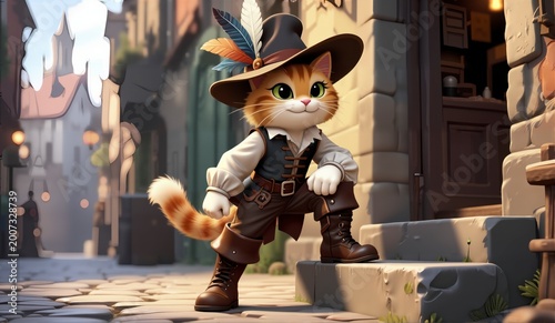 Cute cat dressed as a musketeer with boots and a hat with a feather.