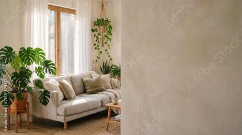 Modern Living Room Interior with Green Plants and Soft Morning Sunlight