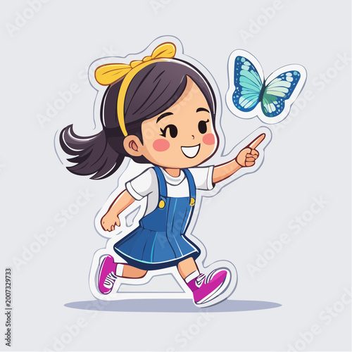 Cute cartoon girl pointing at a butterfly