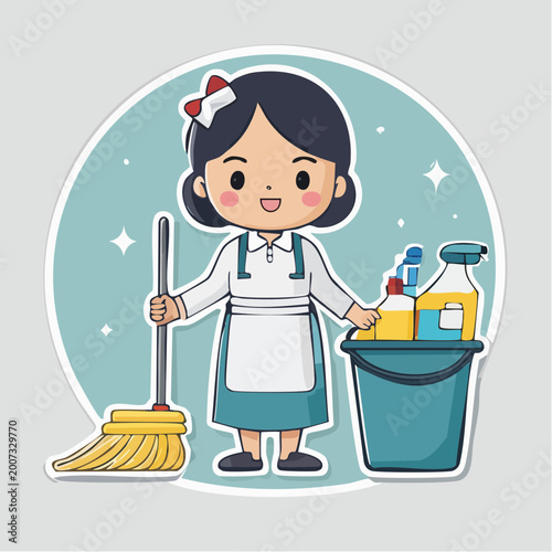 Cute Maid Character with Cleaning Supplies