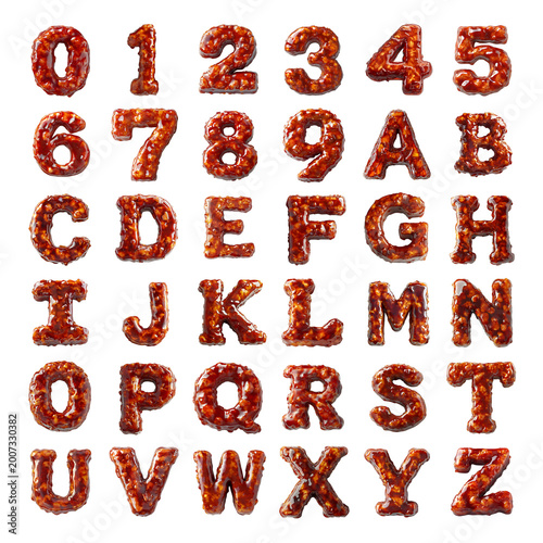 BBQ sauce shaped letters and numbers isolated on a white transparent background