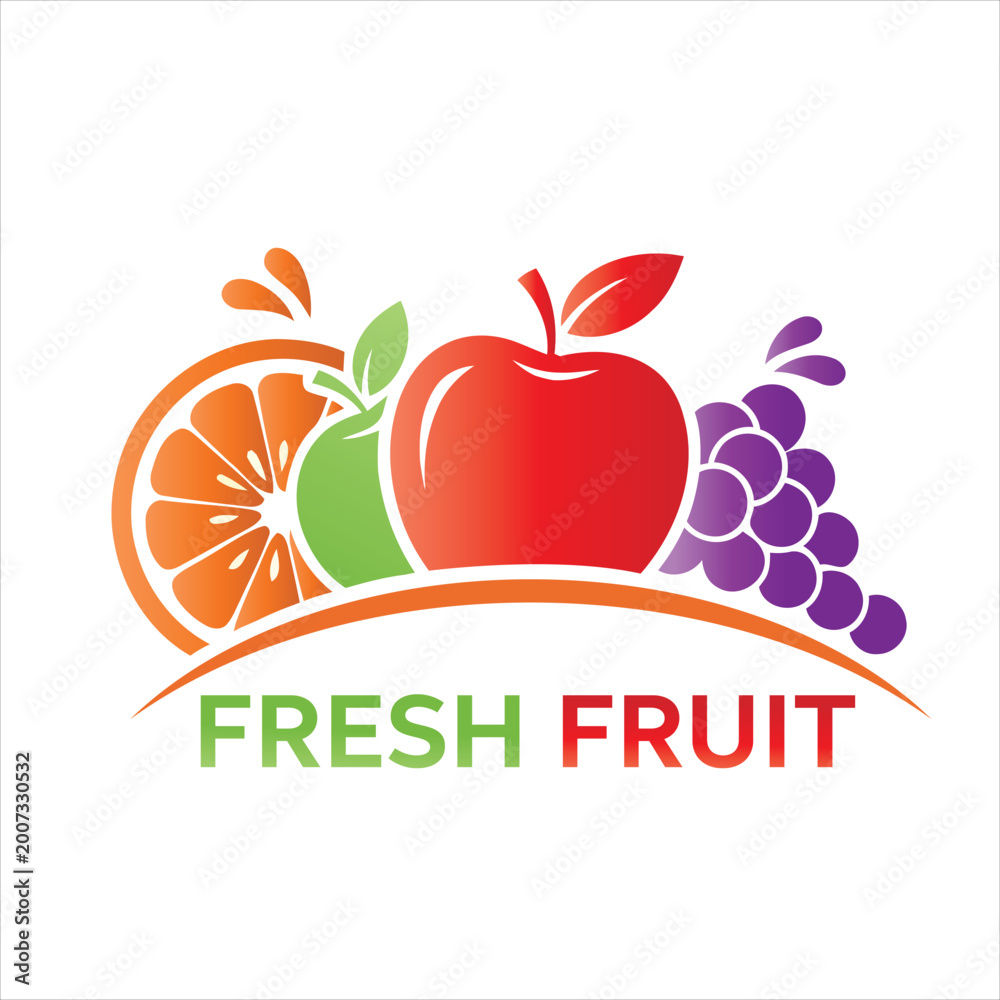 Obraz premium Fresh fruit collection logo with apple orange and grapes design on white background for health food.