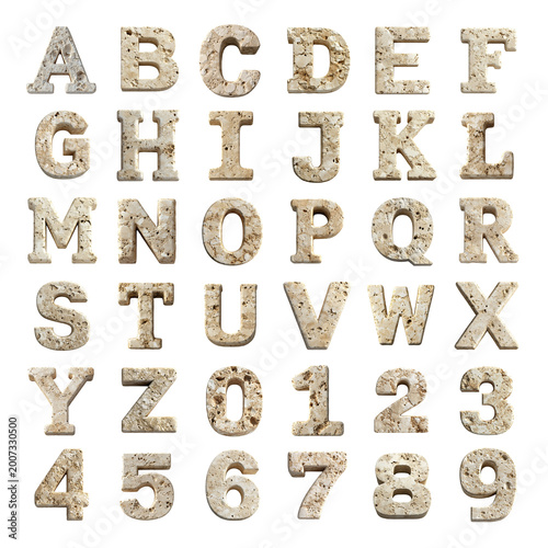 Beige limestone shaped letters and numbers isolated on a white transparent background