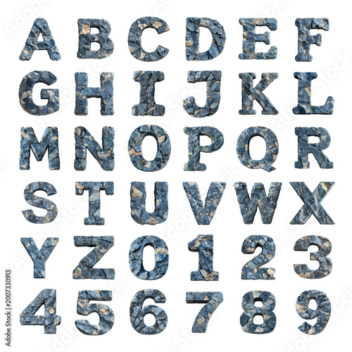 blue limestone shaped letters and numbers isolated on a white transparent background
