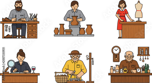 Bilde på lerret Professional Artisan and Craftspeople Vector Icon Set Featuring Shoemaker, Potte
