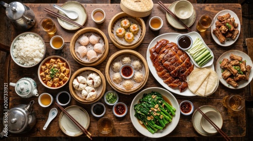 Overhead shot of assorted Chinese dishes and appetizers on wooden table
