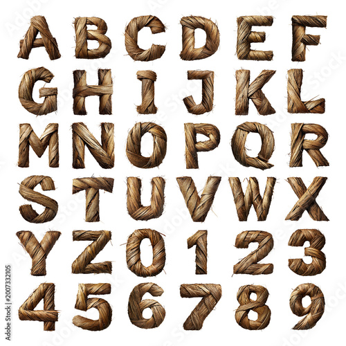 Coconut husk shaped letters and numbers isolated on a white transparent background