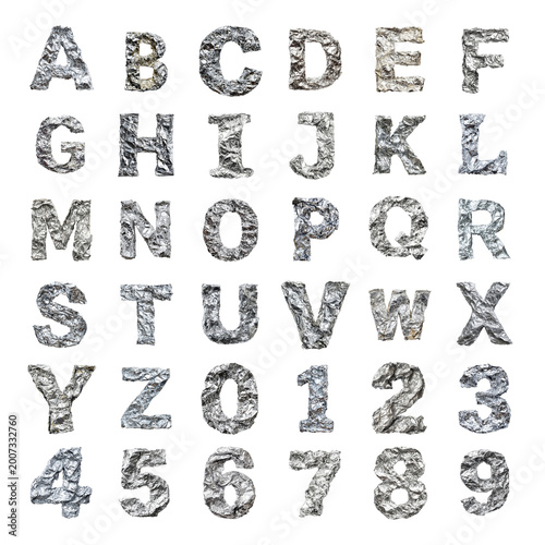 Crumpled tin foil shaped letters and numbers isolated on a white transparent background