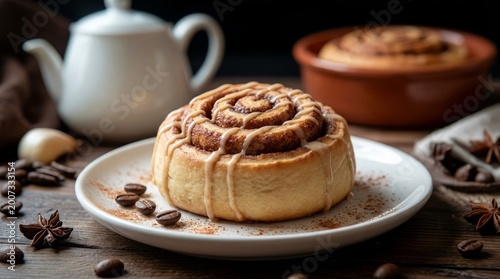 Warm, comforting cinnamon roll drizzled with icing, served with coffee beans and spices.