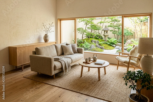 Japandi Living Room with Japanese Stone Garden View and Natural Beige Interior