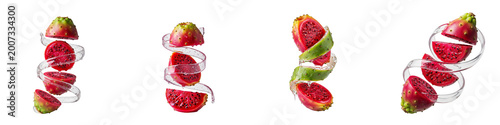 Sliced prickly pear cactus fruits floating with splashing water ribbons