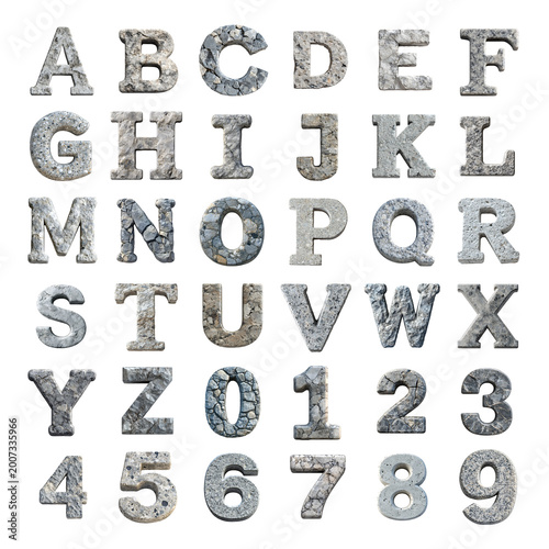 Lime stone shaped letters and numbers isolated on a white transparent background