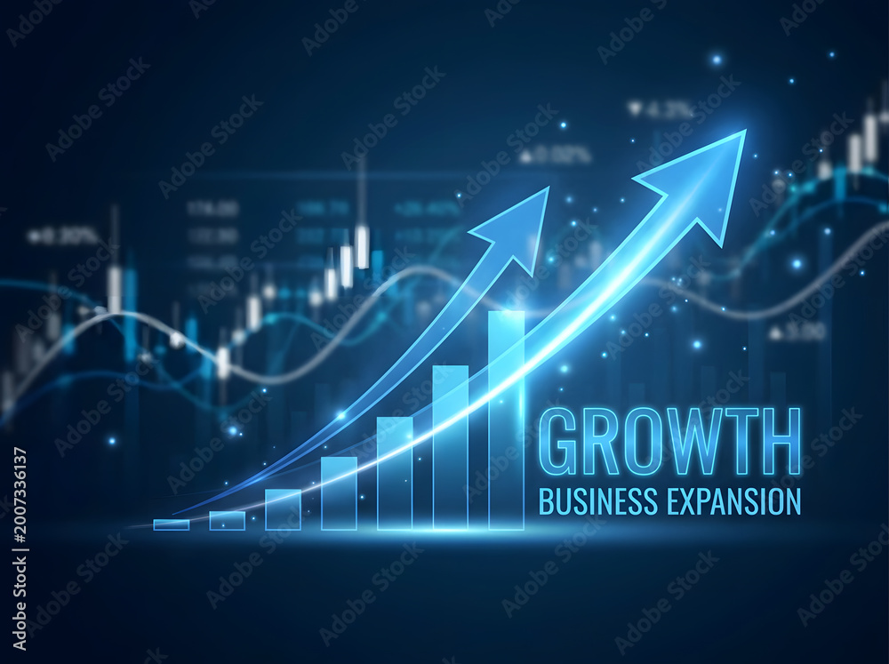 Naklejka premium Business growth and financial success concept with rising bar chart and glowing arrow