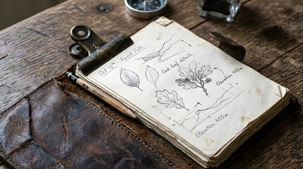 Sketchbook with flower and leaf drawings on table