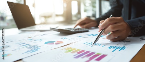 Analyzing financial data with charts and calculator.
