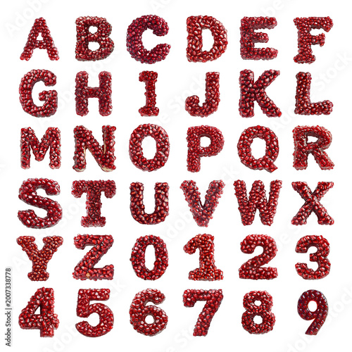 Pomegranate jam shaped letters and numbers isolated on a white transparent background