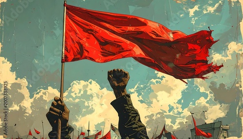 A large red flag waving in the air held by a raised fist
