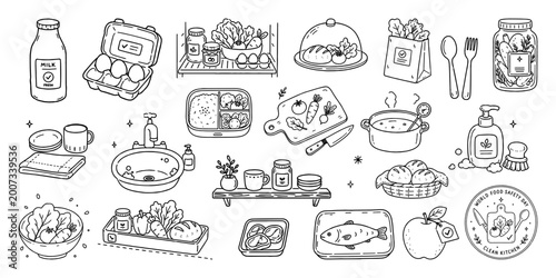 食品衛生とキッチン用品の手描き線画アイコンセット、Hand Drawn Food Safety and Kitchen Line Icon Set