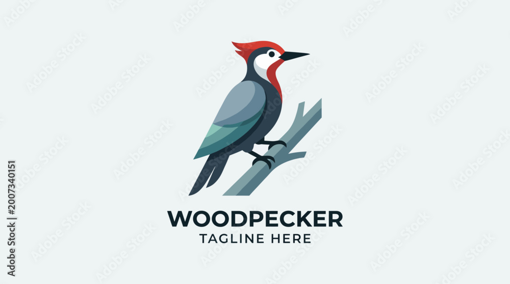 Obraz premium This logo features a stylized woodpecker perched on a branch, showcasing colorful geometric shapes and modern design elements that reflect nature and creativity.
