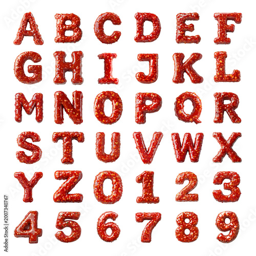 Salsa sauce shaped letters and numbers isolated on a white transparent background