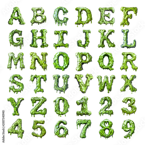 Slime shaped letters and numbers isolated on a white transparent background