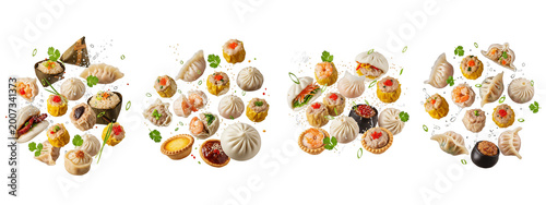 Assorted Chinese dim sum and dumplings flying on black background