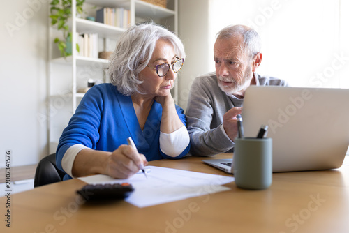 Obraz na plátně Senior couple doing home finances using laptop and calculator