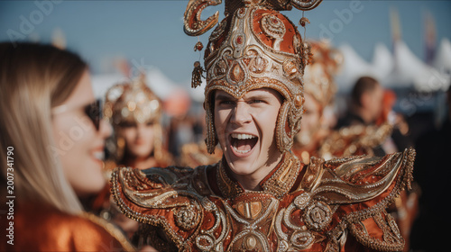 Aste Nagusia festival reveler in costume smiles at onlooker in lively scene