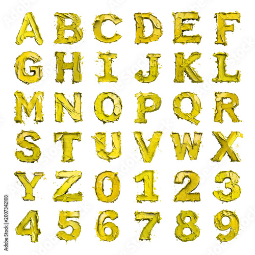 Yellow paint shaped letters and numbers isolated on a white transparent background