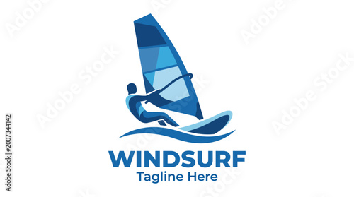 Valokuva This logo captures a thrilling windsurfing scene with a bold silhouette against waves, representing adventure and excitement, perfect for a windsurfing brand