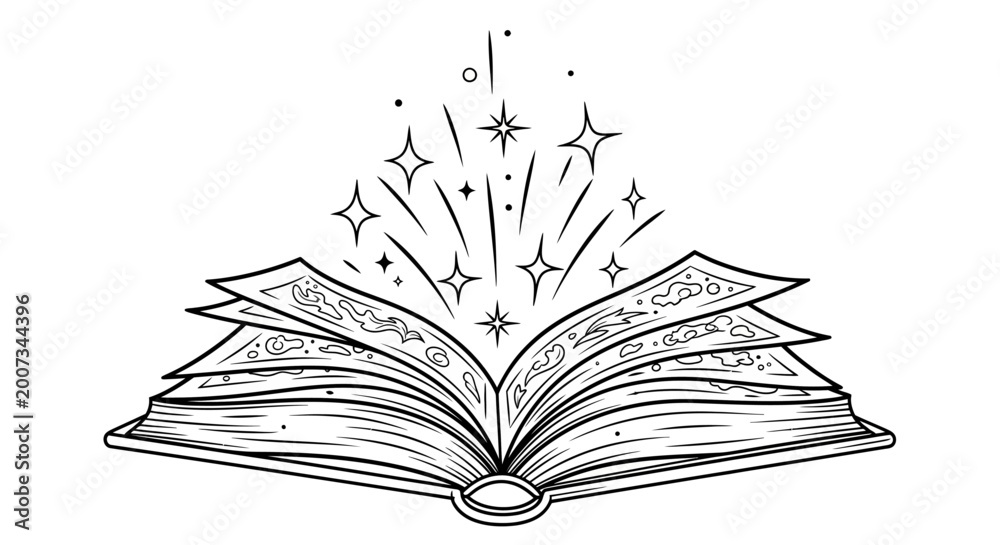 Fototapeta premium Open Magic Book with Stars and Sparkles - Fantasy Illustration