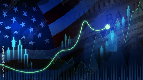 Line chart American flag and bank building background