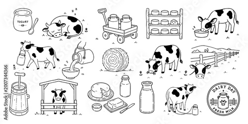 酪農と乳製品の線画イラストセット（牛・ミルク・チーズ・牧場)、Dairy Farming Line Illustration Set with Cow, Milk, Cheese and Farm Elements
