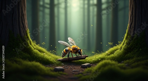 Bee foraging in a lush green forest with sunlight filtering through trees