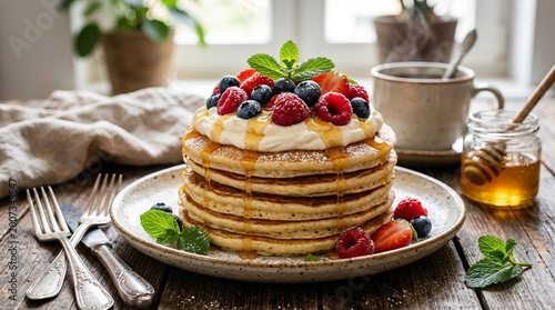Delicious stack of fluffy pancakes topped with fresh berries, cream, and drizzled with honey.