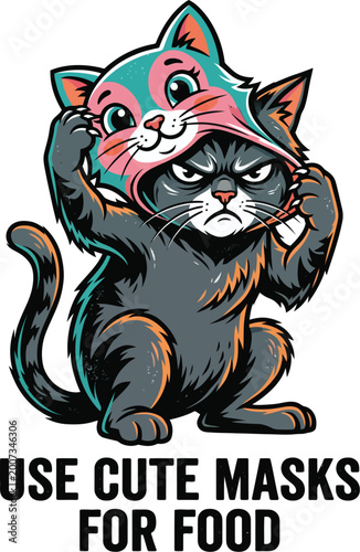Cartoon cat wearing colorful face mask.