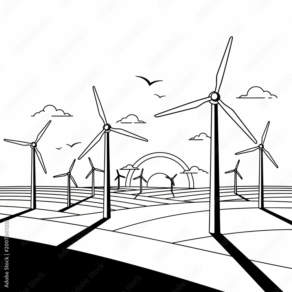 Obraz premium Wind Turbine Field at Sunset - Black and White Line Art