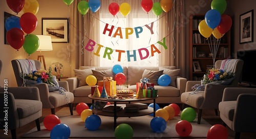 Birthday celebration indoor scene with colorful balloons and party decorations