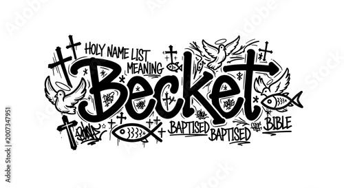 Black and white beckett word art design with religious symbols