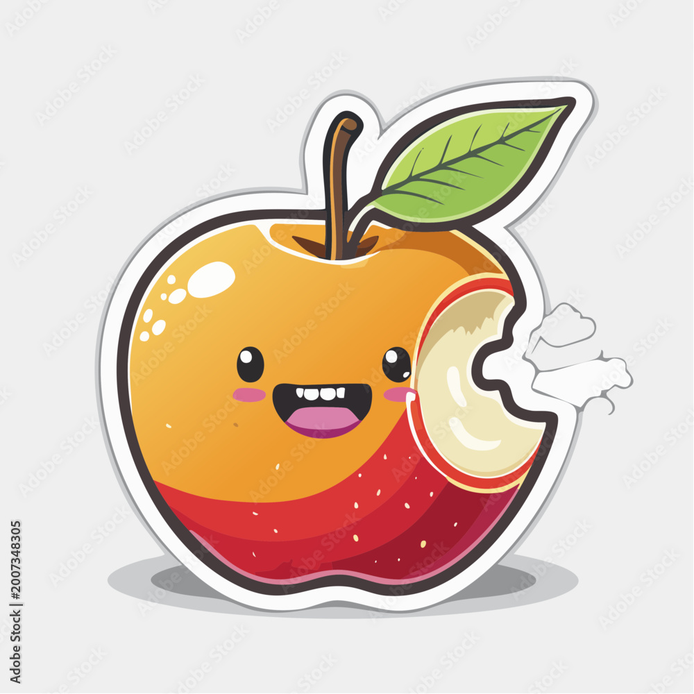 Obraz premium Cute Kawaii Apple Character with Bite Mark