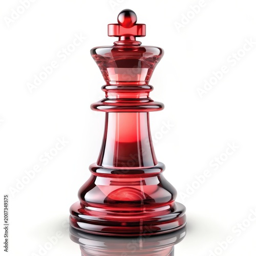 Red glass chess king piece standing on white plane.