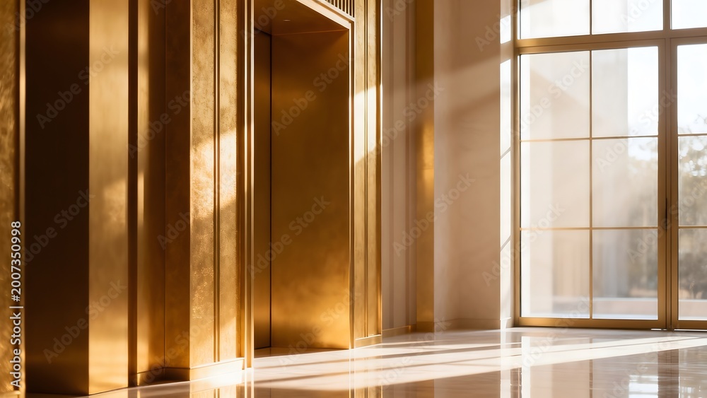 Obraz premium Luxurious interior with golden elevator and sunlight
