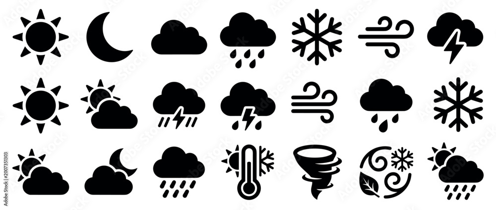 Fototapeta premium Large collection of black weather icons representing various meteorological conditions like sun, rain, snow, wind, and thunderstorms in a simple glyph style for forecast interfaces