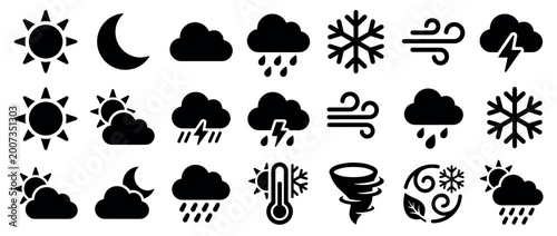 Large collection of black weather icons representing various meteorological conditions like sun, rain, snow, wind, and thunderstorms in a simple glyph style for forecast interfaces