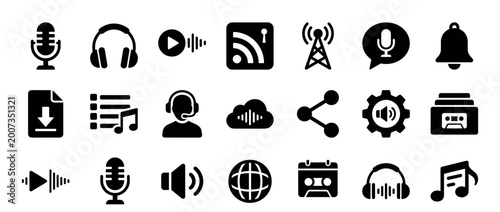 Set of black solid glyph icons for audio, music, and podcasting applications featuring microphone, headphones, and playlist symbols for modern user interface design