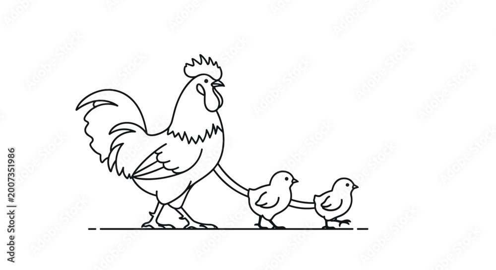 Fototapeta premium Proud rooster walks across a flat ground followed by two small fluffy yellow chicks in a simple black and white line drawing illustration.