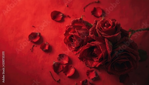 A romantic bouquet of deep red roses with scattered petals, perfect for celebrating love and special moments