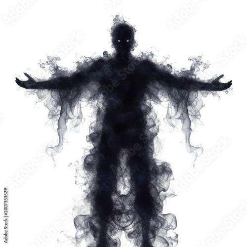 Human silhouette formed by swirling smoke isolated on a transparent background