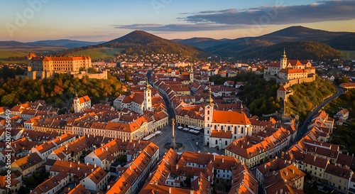 Aerial view of a historic european town with orange rooftops and mountains