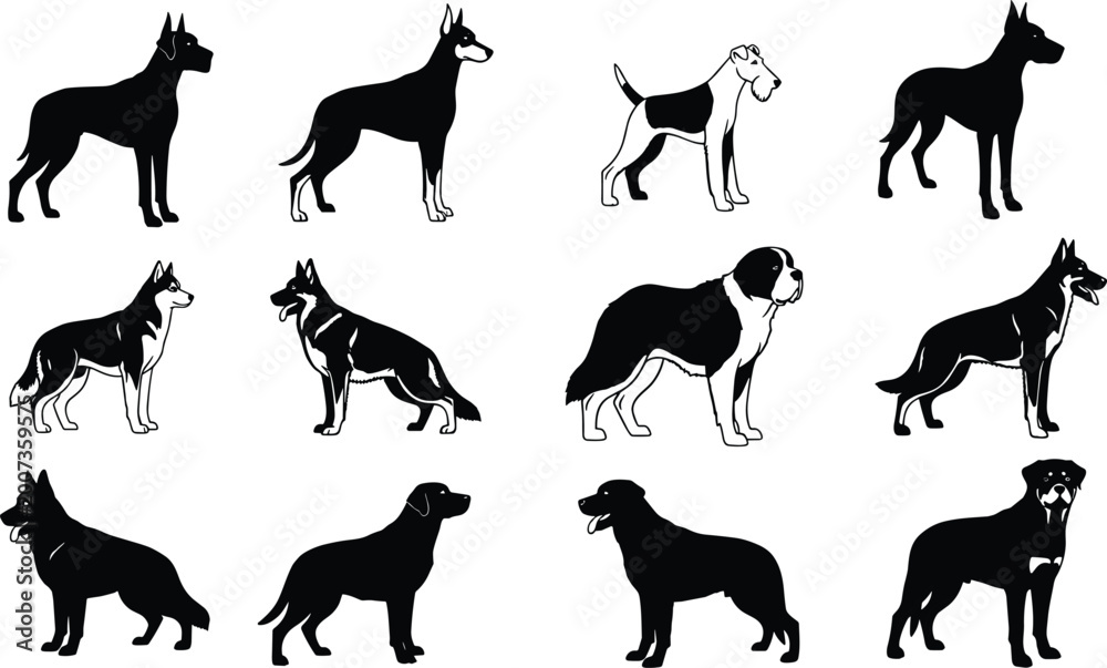 Obraz premium Dog silhouette collection featuring multiple breeds in standing poses isolated on white background for pet animal design and illustration use